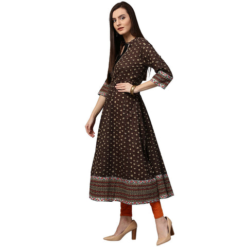 Olive Green printed 3/4th Sleeve Cotton Anarkali Kurta