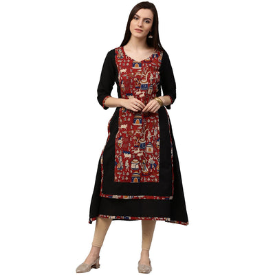 Black printed 3/4th Sleeve Anarkali Kurta with Double layer in front
