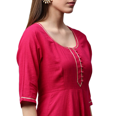 Pink 3/4th Sleeve Cotton Slub Anarkali kurta with pink flared Palazzo