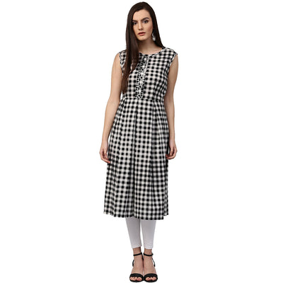 Black printed sleeveless cotton A-line kurta