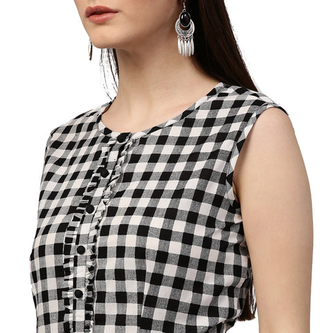 Black printed sleeveless cotton A-line kurta