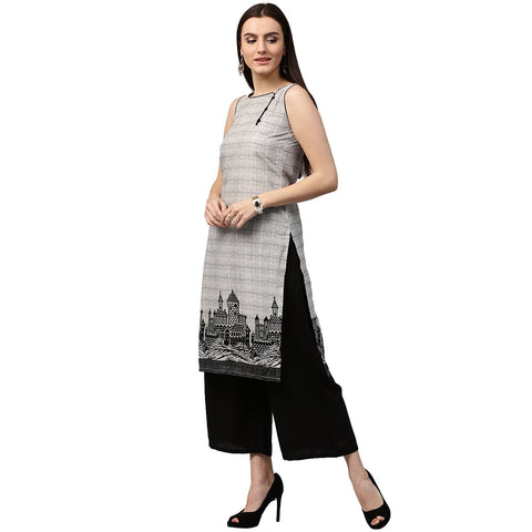 Beige printed sleeveless cotton straight kurta