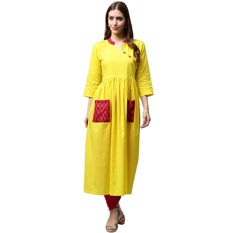 Yellow 3/4th sleeve cotton Anarkali kurta