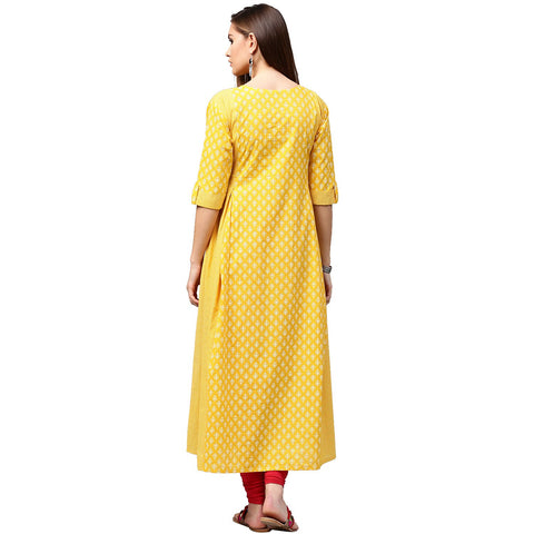 Yellow printed 3/4th Sleeve Cotton A-line kurta