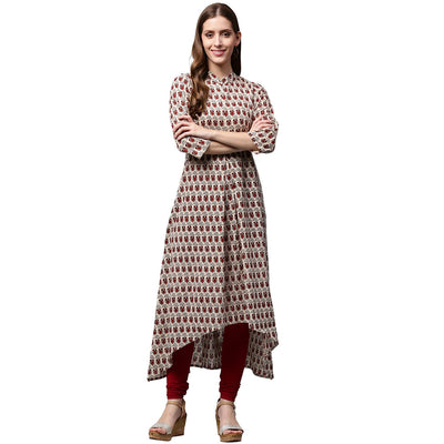 Off white and maroon printed 3/4th sleeve cotton A-line kurta