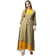 Yellow & Green printed 3/4th sleeve Cotton double layer A-line kurta