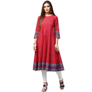 Red printed 3/4th sleeve cotton Anarkali kurta