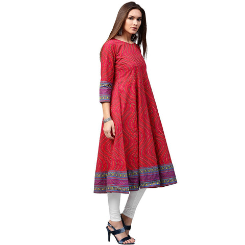 Red printed 3/4th sleeve cotton Anarkali kurta