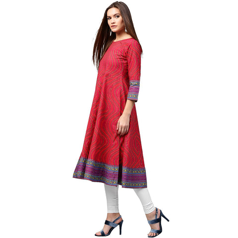 Red printed 3/4th sleeve cotton Anarkali kurta