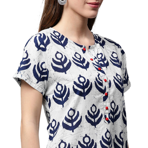 Blue printed short sleeve cotton A-line kurta