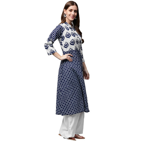 Blue printed 3/4th sleeve cotton A-line kurta