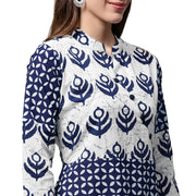 Blue printed 3/4th sleeve cotton A-line kurta