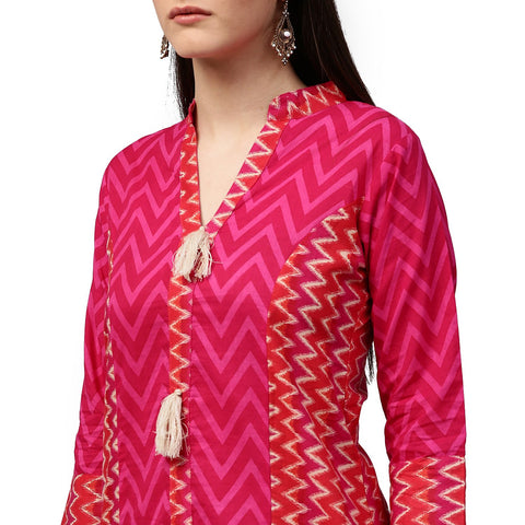 Pink & Red printed 3/4th sleeve cotton Assymetric kurta