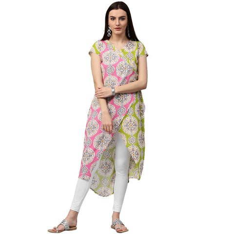 Green & Pink printed short sleeve cotton Assymetric kurta