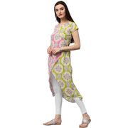 Green & Pink printed short sleeve cotton Assymetric kurta
