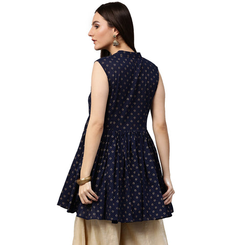 Navy blue printed sleeveless cotton cropped Anarkali kurta