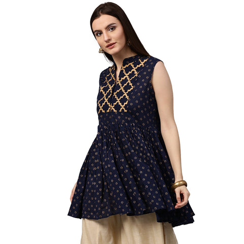 Navy blue printed sleeveless cotton cropped Anarkali kurta