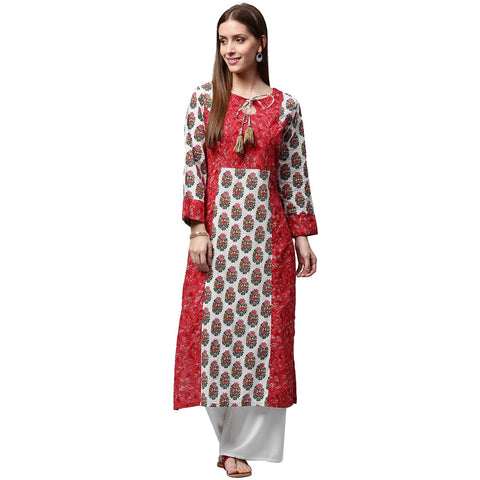 Red printed 3/4th sleeve Cotton kurta