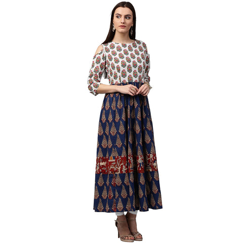 Blue printed 3/4th sleeve Cold shoulder cotton Anarkali kurta