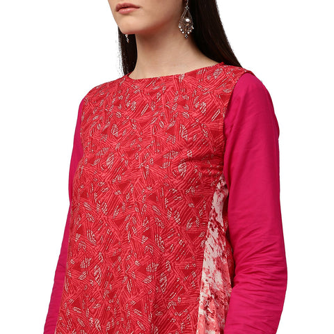 Red printed sleeveless cotton Assymetric kurta