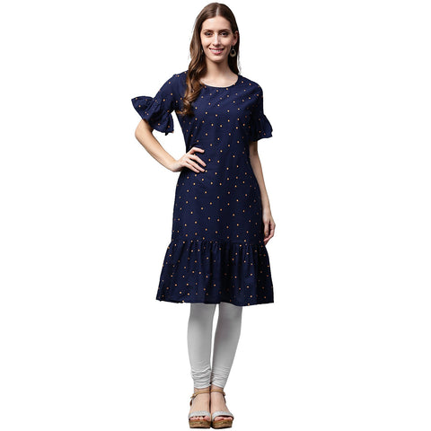 Blue printed half sleeve cotton A-line kurta