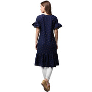 Blue printed half sleeve cotton A-line kurta