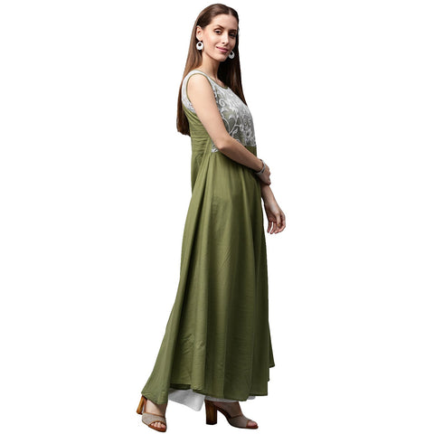 Green sleeveless cotton anarkali kurta with net work at yoke