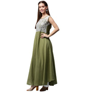 Green sleeveless cotton anarkali kurta with net work at yoke