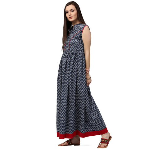 Blue printed sleeveless cotton anarkali kurta