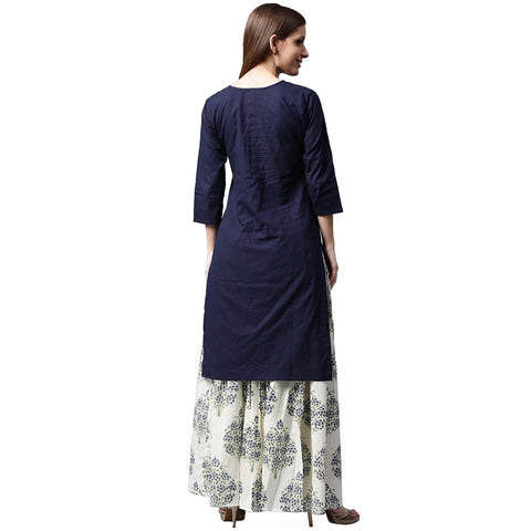 Blue 3/4th sleeve cotton kurta with white printed skirt