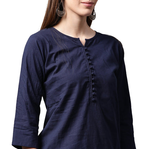 Blue 3/4th sleeve cotton kurta with white printed skirt