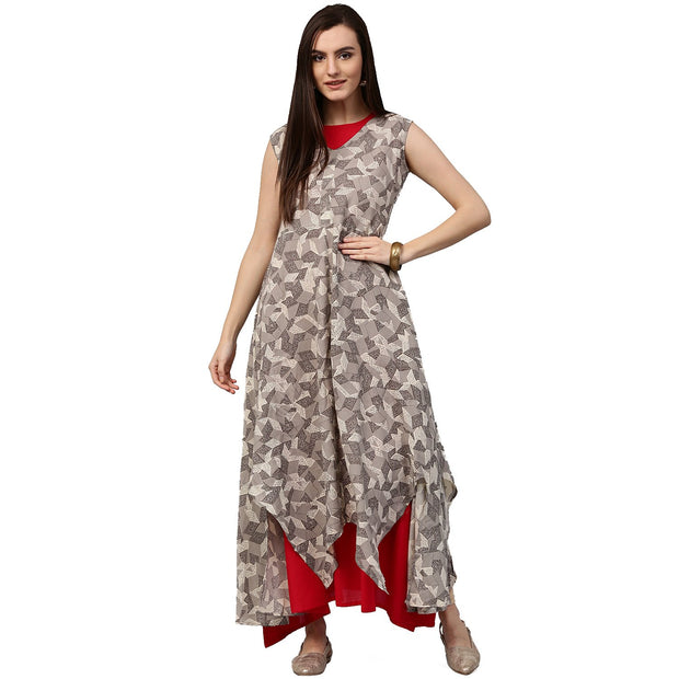 Grey printed sleeveless cotton Assymetric double layer kurta