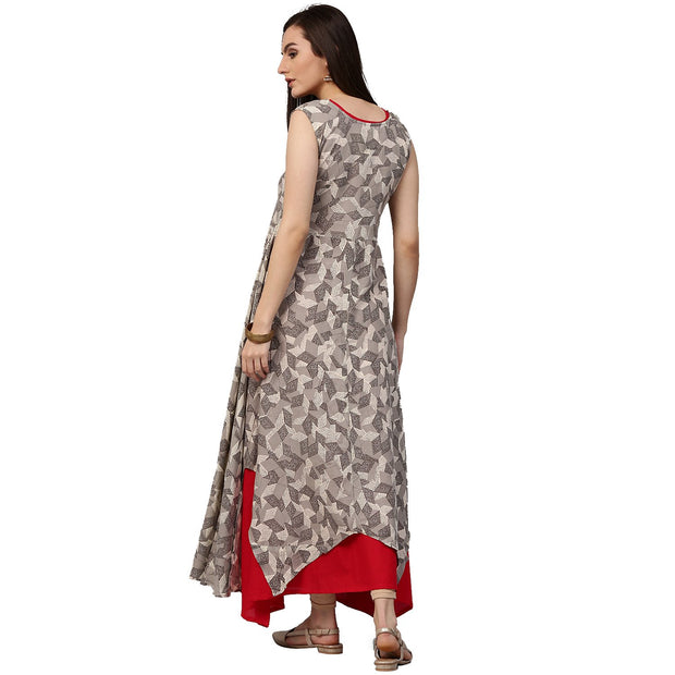 Grey printed sleeveless cotton Assymetric double layer kurta