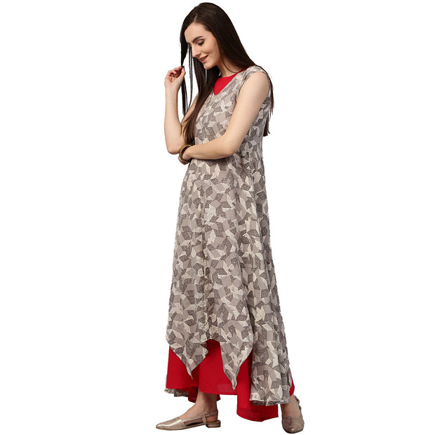 Grey printed sleeveless cotton Assymetric double layer kurta
