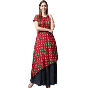 Red printed short sleeve cotton kurta with blue printed skirt