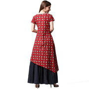 Red printed short sleeve cotton kurta with blue printed skirt