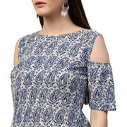 Blue printed half sleeve cold shoulder cotton kurta