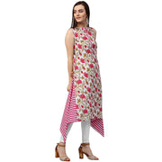 Pink printed sleeveless cotton A-line kurta