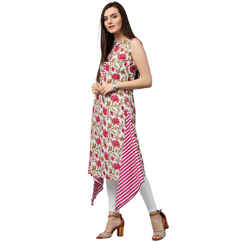Pink printed sleeveless cotton A-line kurta