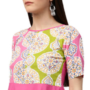 Pink printed half sleeve cotton anarkali kurta with pocket