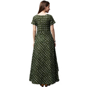 Green printed half sleeve cotton low high A-line kurta with Off white palazzo
