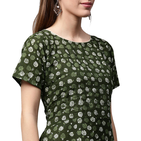 Green printed half sleeve cotton low high A-line kurta with Off white palazzo