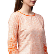 Peach printed 3/4th sleeve cotton A-line kurta with orange Skirt