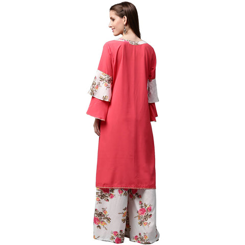 Red 3/4th sleeve crepe kurta with tussel work at yoke with white printed palazzo