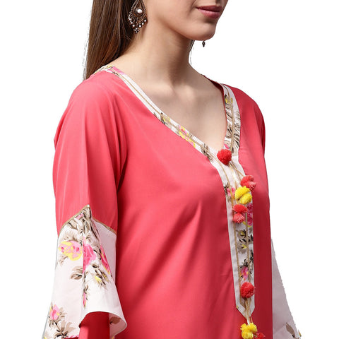 Red 3/4th sleeve crepe kurta with tussel work at yoke with white printed palazzo