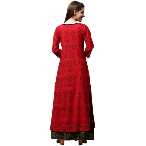 Red printed 3/4th sleeve cotton kurta with green printed Palazzos