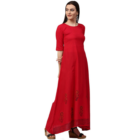 Red block print half sleeve cotton A-line kurta