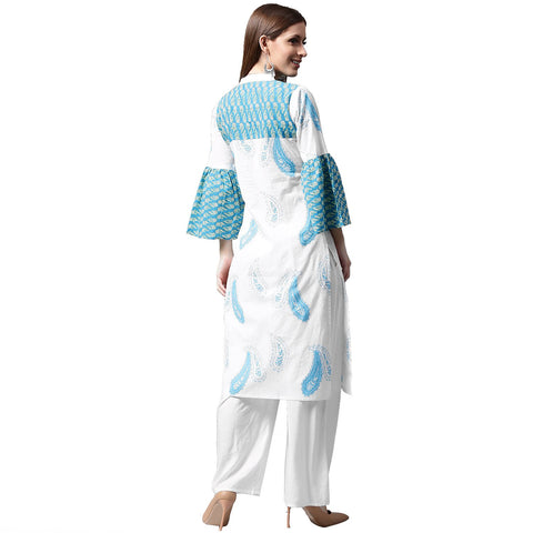 White and blue printed 3/4th flared sleeve cotton kurta