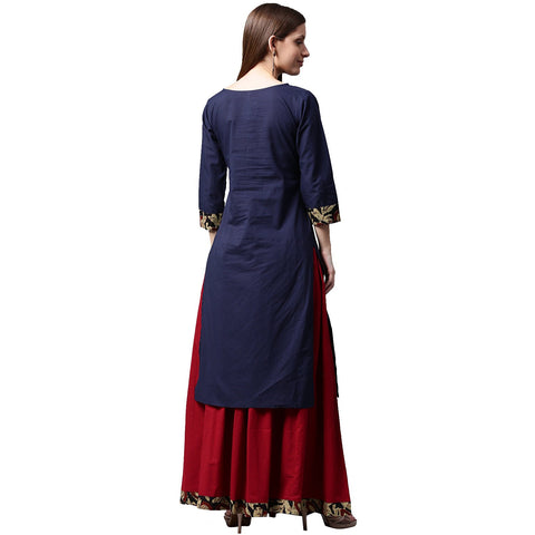 Blue printed 3/4th sleeve cotton kurta with maroon skirt