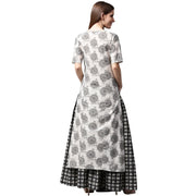 Grey printed half sleeve cotton kurta with black printed skirt